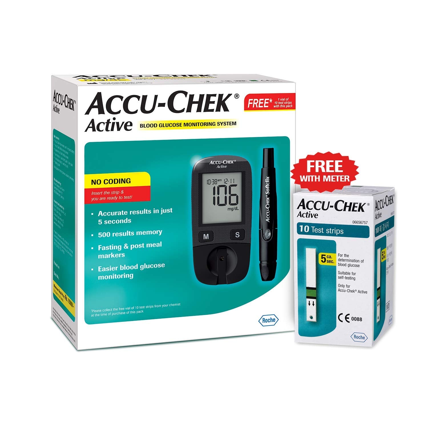 Accuchek active Glucometer kit with 10 strips free
